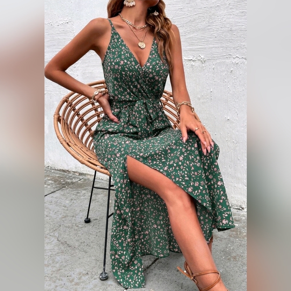 * New Boho Double Split Cami Dress Maxi Floral Dark Green - Picture 8 of 11